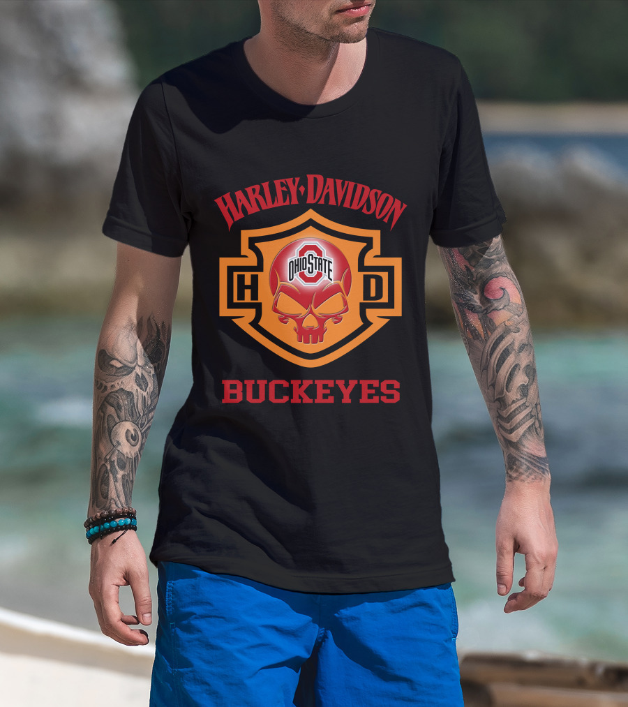 Ohio State Buckeyes Harley Davidson Fans Hd Skull T-Shirt