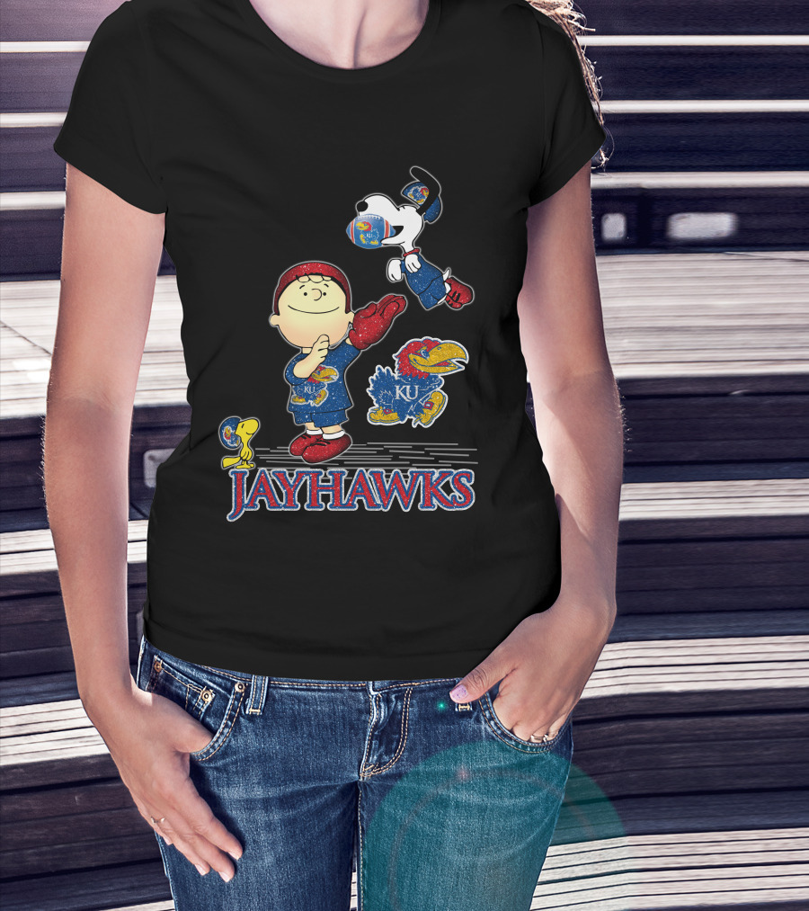 Snoopy Charlie Brown Woodstock Kansas Jayhawks KU Football T-Shirt