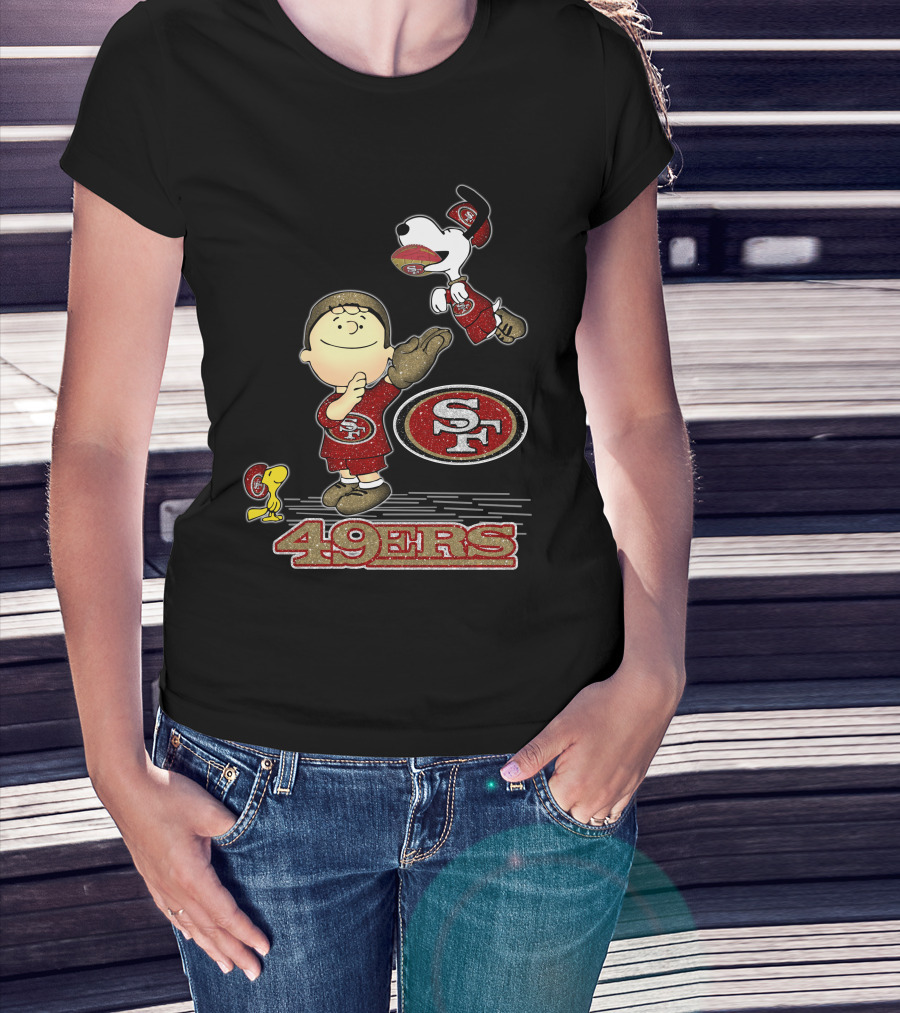 Snoopy And Woodstock With San Francisco 49ers Sf Logo In Red And Gold T-Shirt