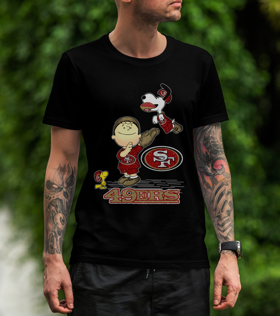 Snoopy And Woodstock With San Francisco 49ers Sf Logo In Red And Gold T-Shirt