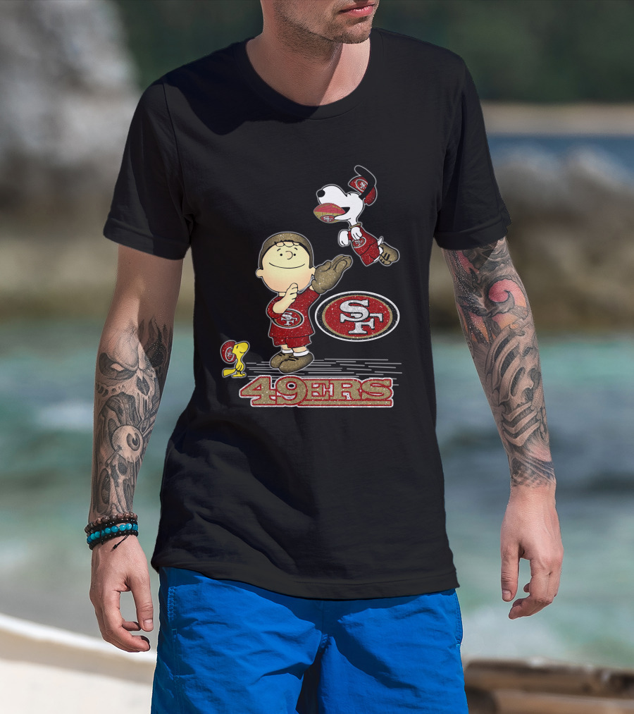 Snoopy And Woodstock With San Francisco 49ers Sf Logo In Red And Gold T-Shirt