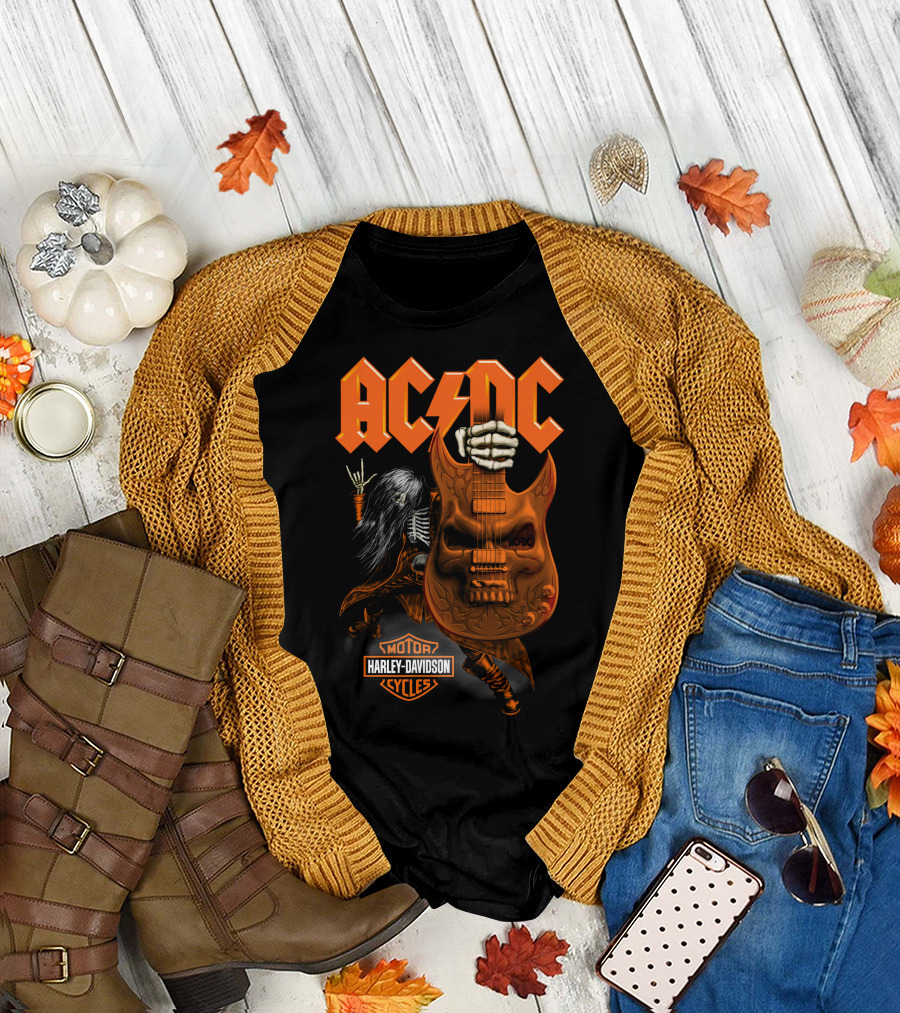 Acdc Harley Davidson Skeleton Guitarist Rock Icon T-Shirt