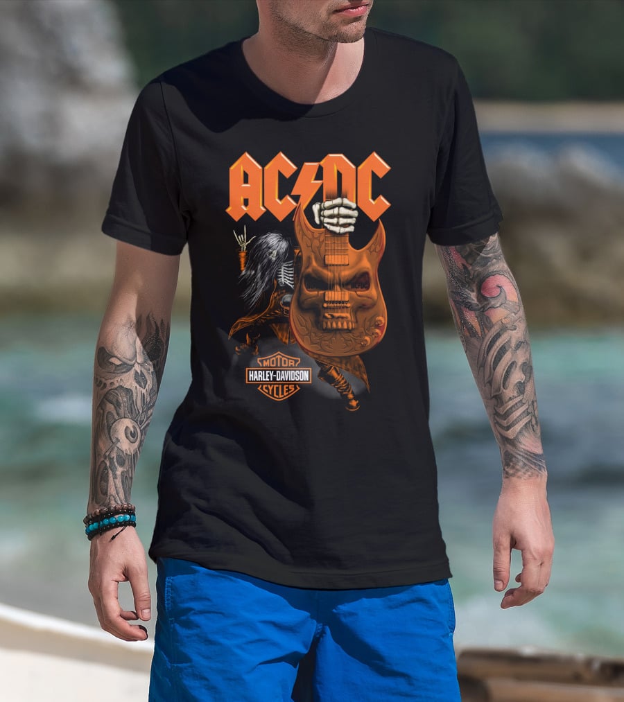 Acdc Harley Davidson Skeleton Guitarist Rock Icon T-Shirt