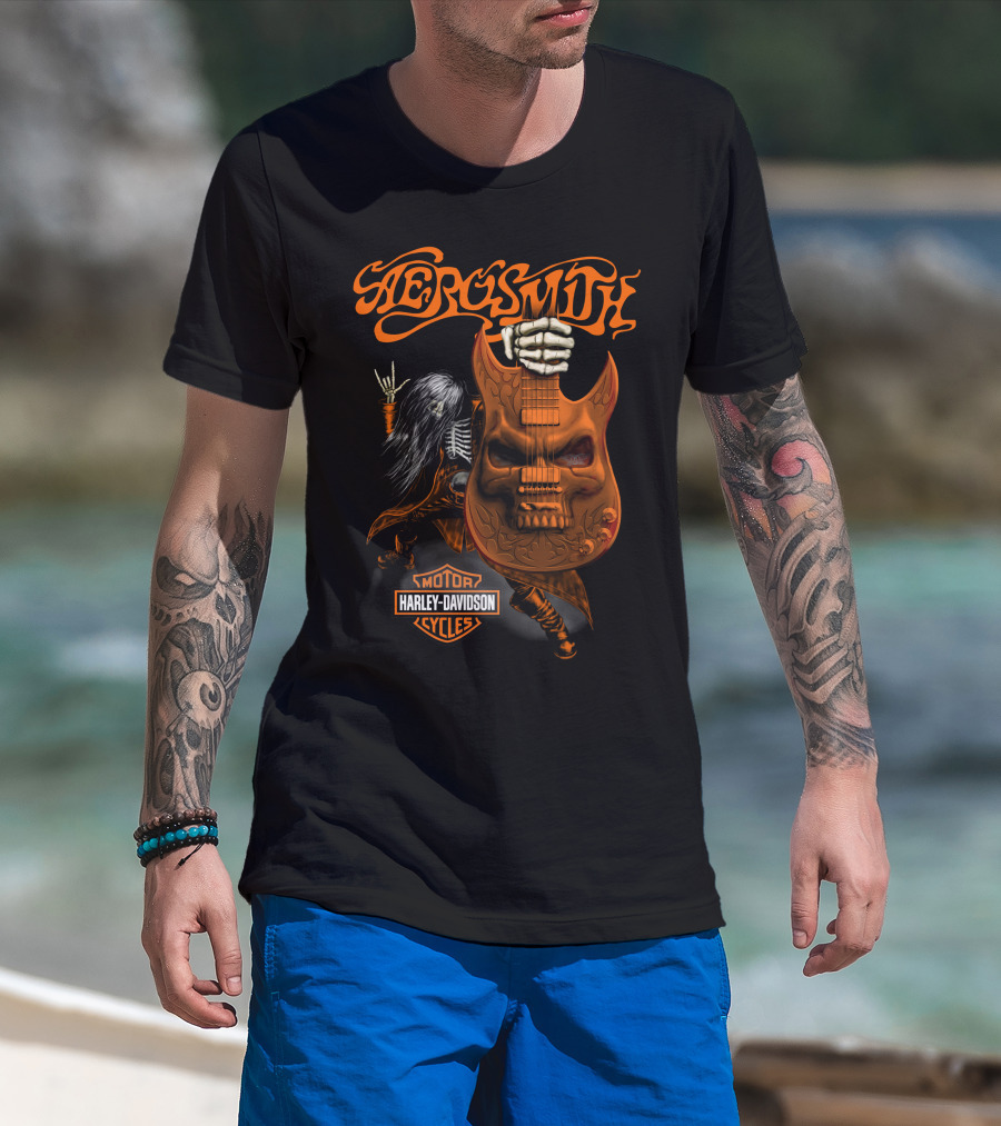 Aerosmith Harley Davidson Motor Cycles Rock Guitar Skull T-Shirt