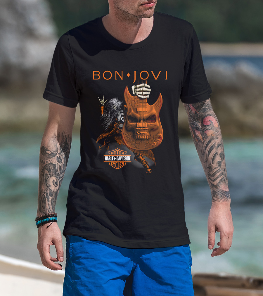 Bon Jovi Harley Davidson Cycles Skeleton Guitar Rockstar T-Shirt