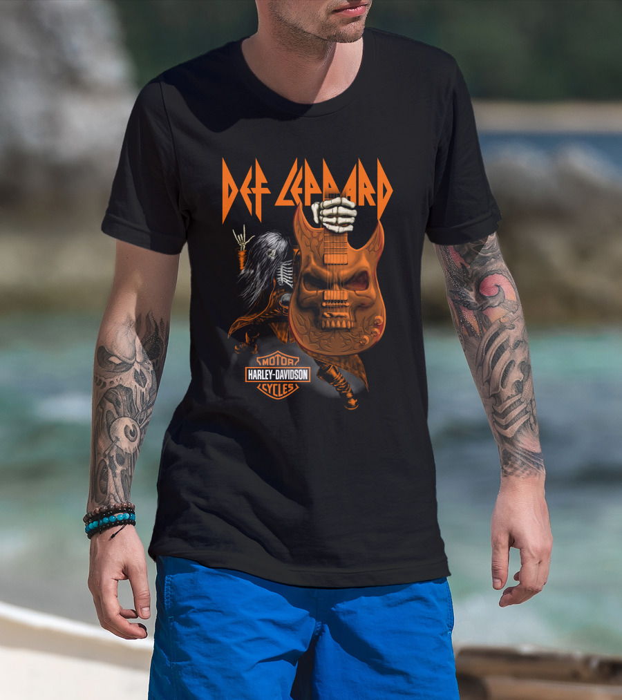 Def Leppard Harley Davidson Skull Guitar Skeleton Rock T-Shirt