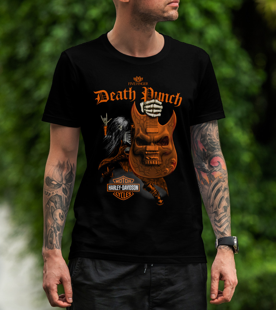 Five Finger Death Punch Harley Davidson Cycles Skeleton Guitar T-Shirt