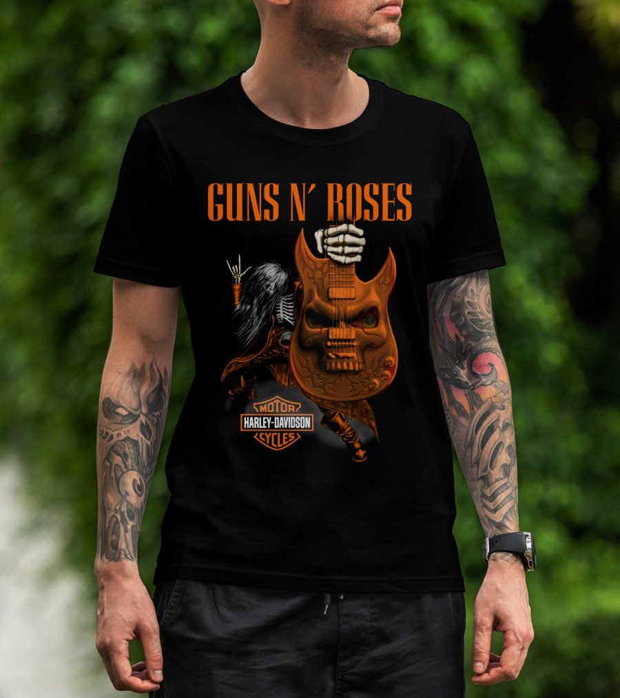 Guns N' Roses Harley Davidson Motor Cycles Skeleton Guitar Rocker T-Shirt