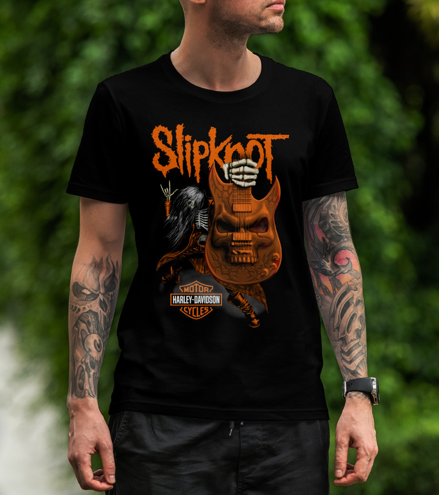 Slipknot Harley Davidson Motor Cycles Skull Guitar Skeleton Rock T-Shirt