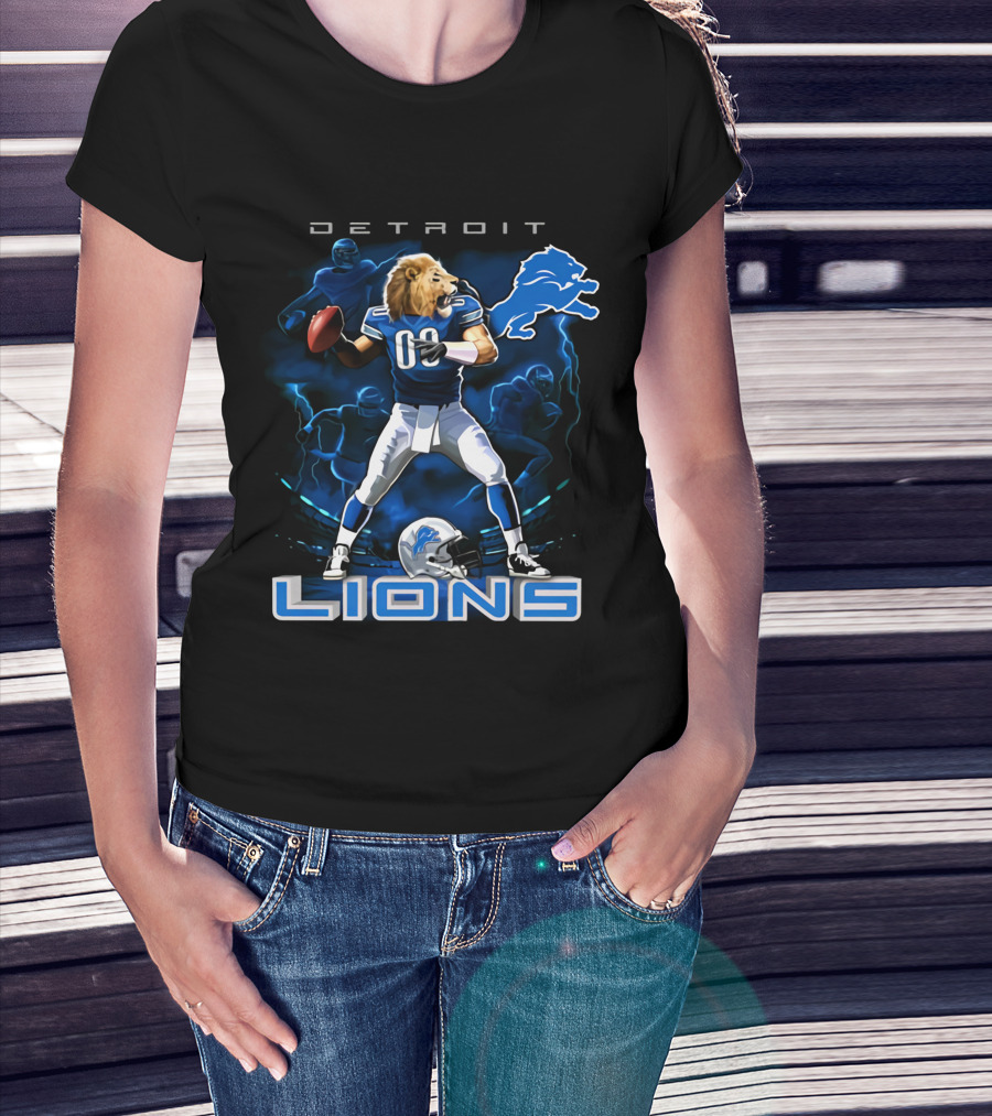 Detroit Lions Lion-Headed Quarterback Action Fantasy Scene T-Shirt