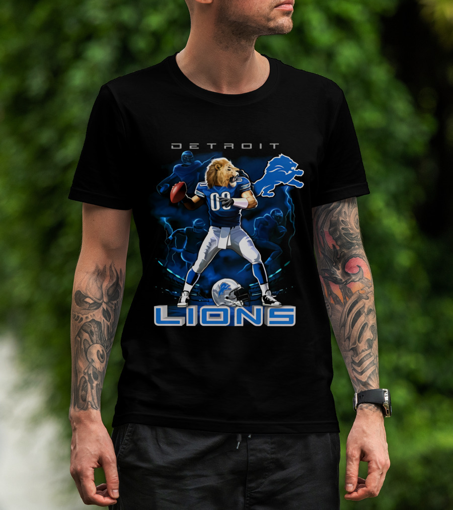 Detroit Lions Lion-Headed Quarterback Action Fantasy Scene T-Shirt