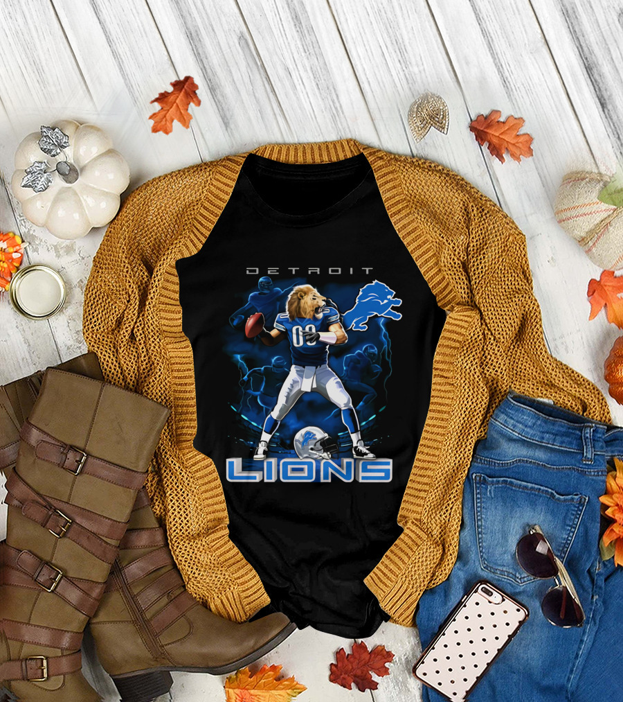 Detroit Lions Lion-Headed Quarterback Action Fantasy Scene T-Shirt