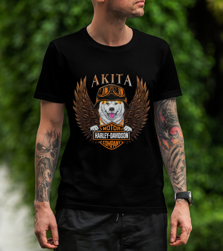 Akita Harley Davidson Motor Company Winged Dog Helmet T-Shirt