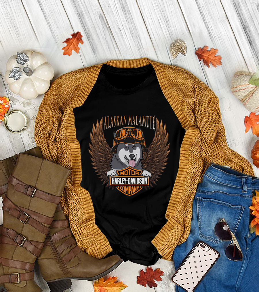 Alaskan Malamute Harley Davidson Motor Company Winged Goggles T-Shirt