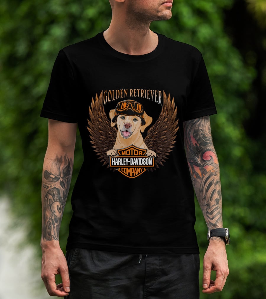 Harley Davidson Golden Retriever Motor Company Winged Logo T-Shirt