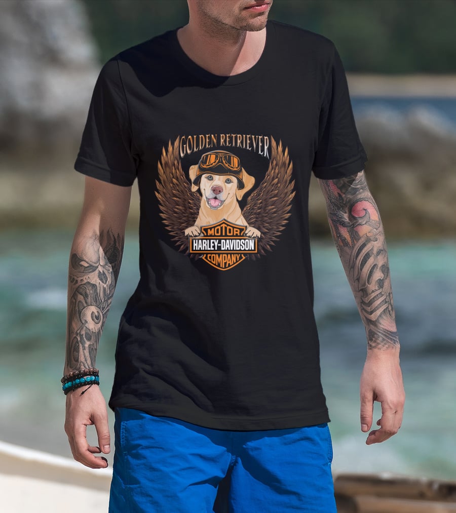 Harley Davidson Golden Retriever Motor Company Winged Logo T-Shirt