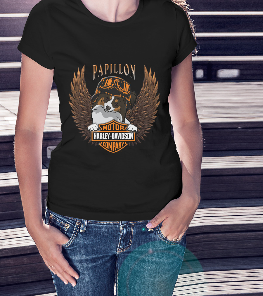 Papillon Harley Davidson Motor Company Wings Dog With Goggles T-Shirt