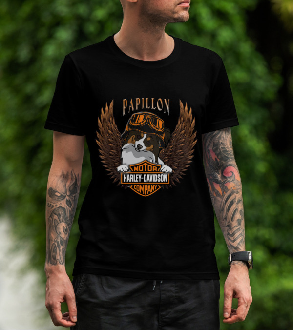 Papillon Harley Davidson Motor Company Wings Dog With Goggles T-Shirt