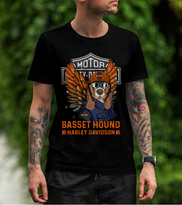 Basset Hound Harley Davidson Motorcycles Winged Helmet Riding Theme T-Shirt