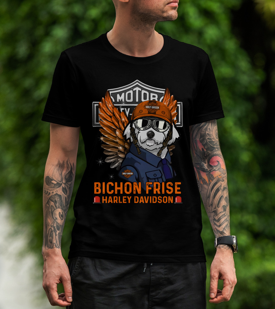 Bichon Frise Harley Davidson Motorcycles Winged Dog Pilot T-Shirt