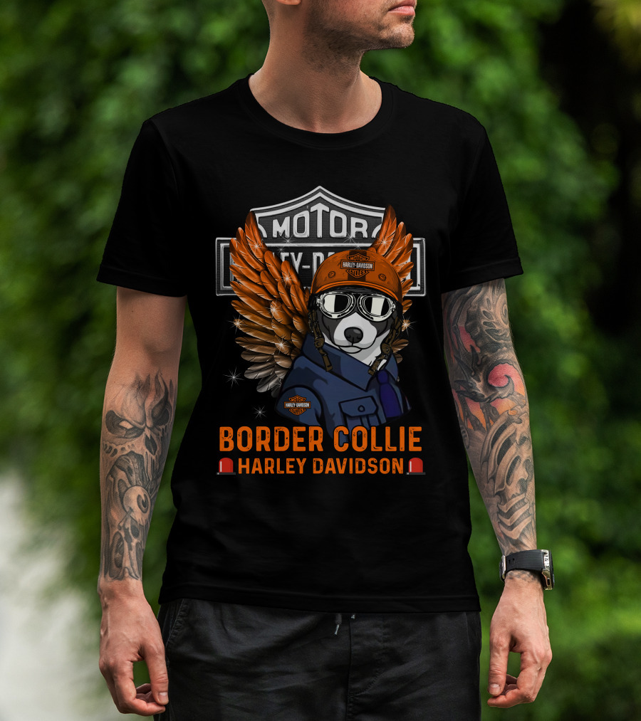 Border Collie Harley Davidson Motorcycles Wings And Helmet T-Shirt
