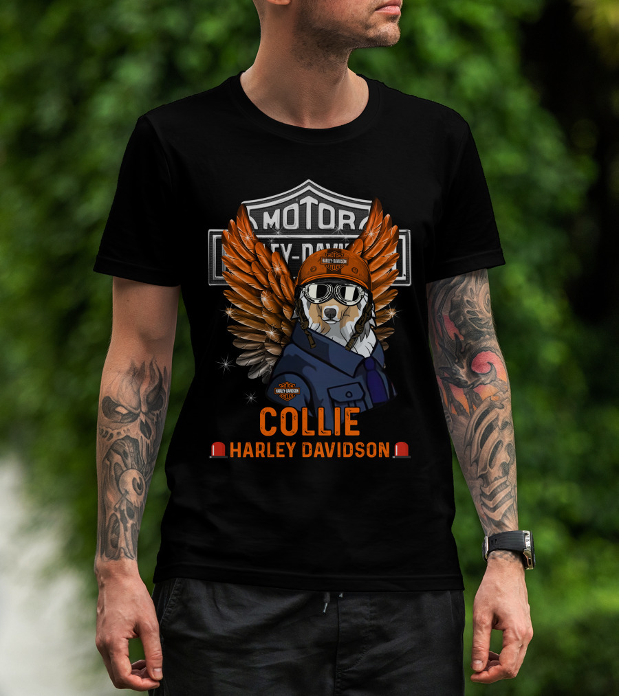 Collie Harley Davidson Wings Motocycle Motor Hd Orange Helmet Dog T-Shirt