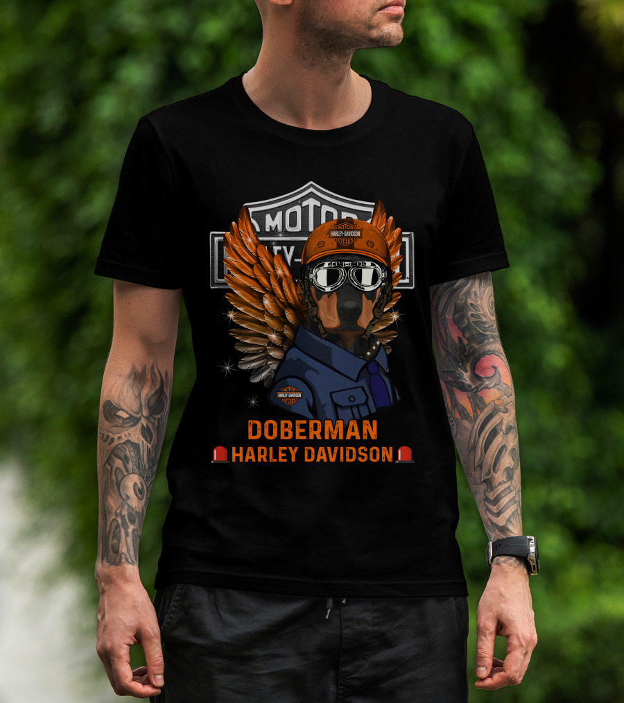 Doberman Harley Davidson Motor City Kutter Wings Helmet Goggles T-Shirt