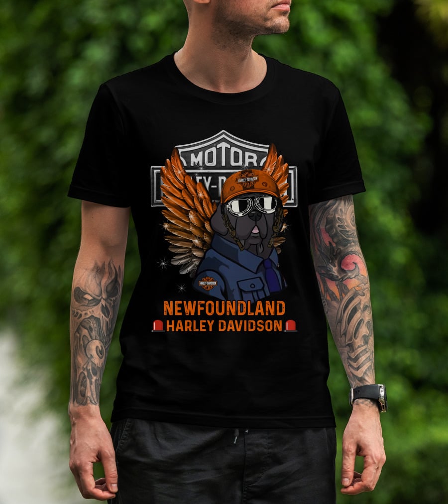 Newfoundland Harley Davidson Motor City Dog With Wings T-Shirt