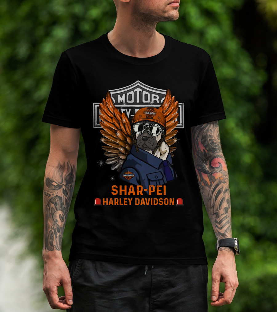 Shar-Pei Harley Davidson Motor Style With Wings And Helmet T-Shirt