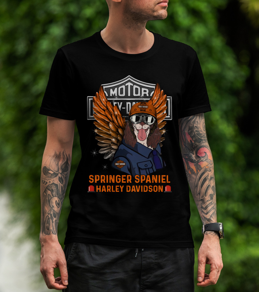 Springer Spaniel Harley Davidson Motor Safety Dog Wings Helmet Glasses T-Shirt