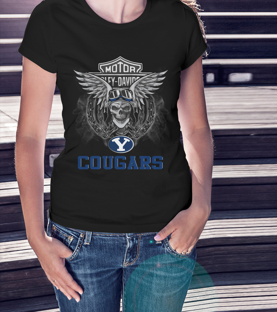 Byu Cougars Harley Davidson Motorcycle Wings Skull Ncaa Football Fans T-Shirt