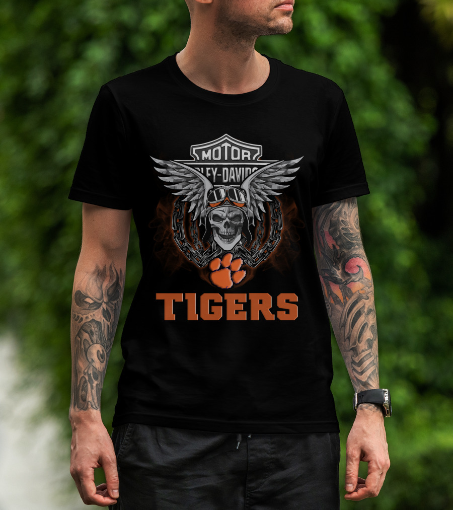 Tigers Hd Clemson Tigers Ncaa Football Fans Harley Davidson Skull Wings Chain T-Shirt