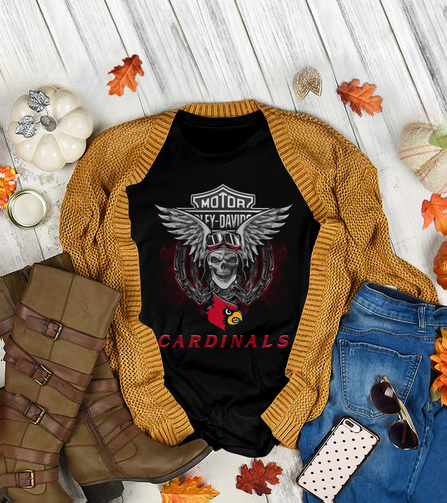 Louisville Cardinals Skull Wings Harley Davidson Ncaa Football Fans T-Shirt