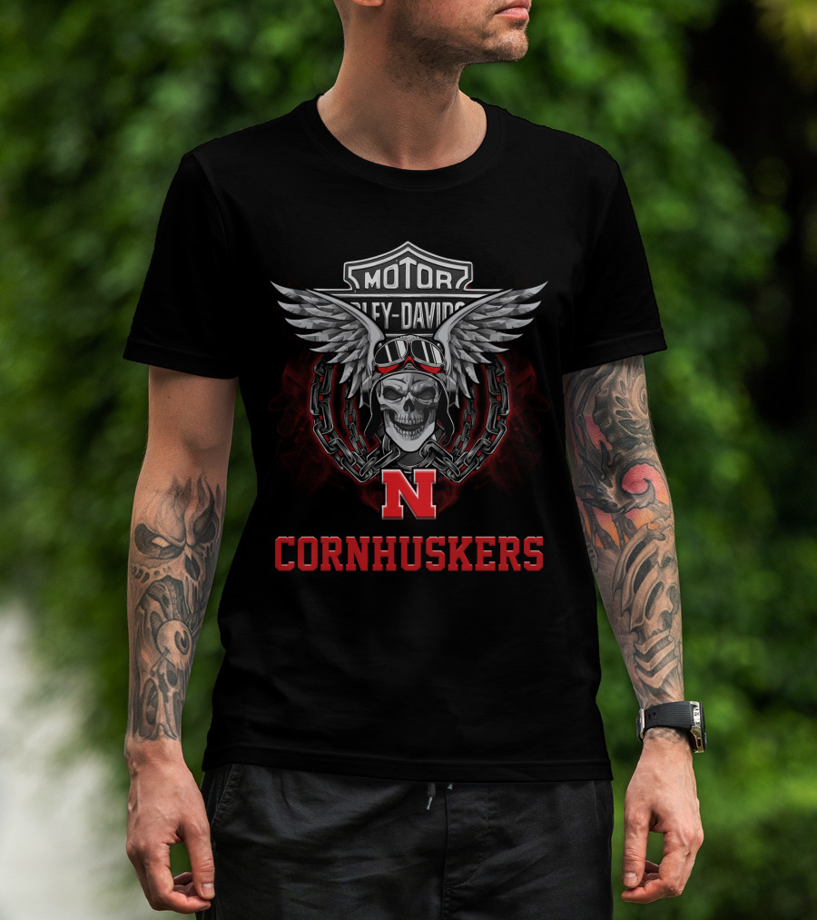 Motor Harley Davidson Skull Wings Nebraska Cornhuskers Football Fans T-Shirt