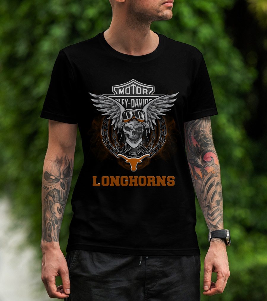 Texas Longhorns Harley Davidson Football Fans Motorcycle Skull Wings T-Shirt
