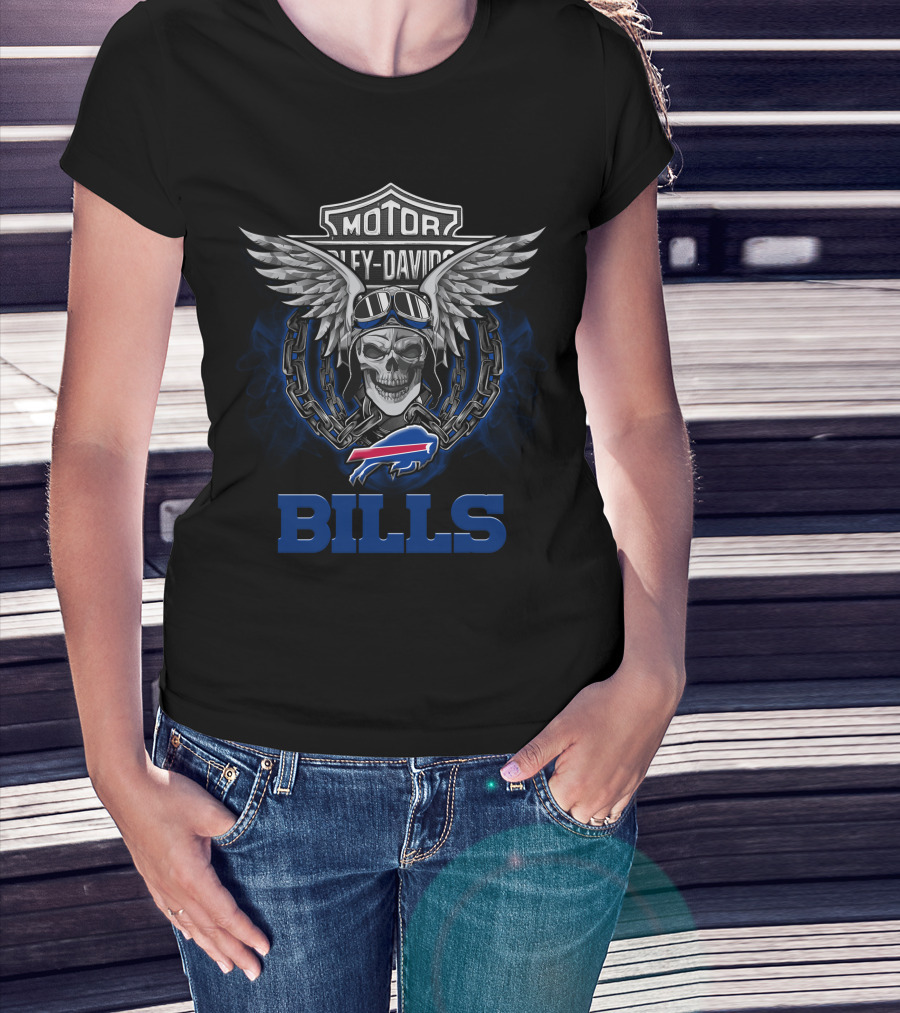 Motor Harley Davidson Buffalo Bills Nfl Football Fans Skull Wings T-Shirt