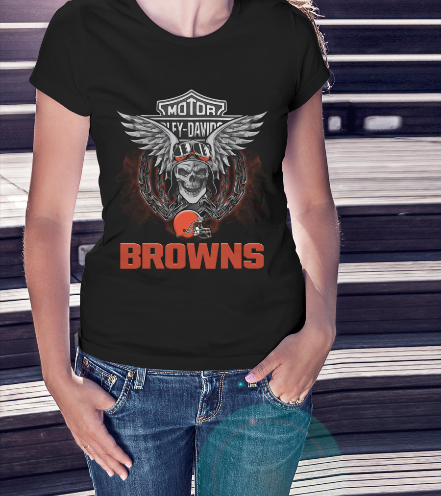 Motor Harley Davidson Browns Nfl Football Skull And Chain Helmet Wings T-Shirt