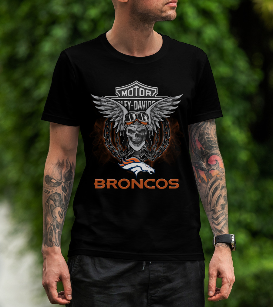 Denver Broncos Harley Davidson Skull Wings Nfl Football Fans T-Shirt