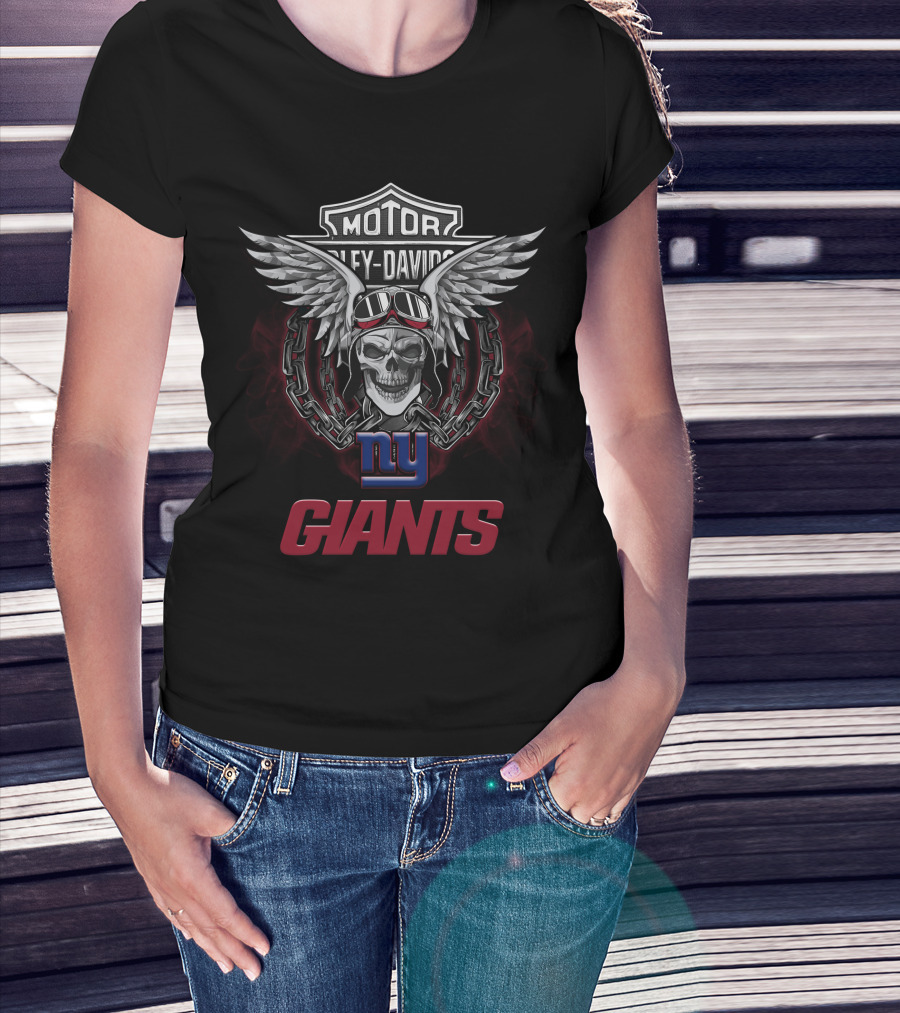 Motor Harley Davidson Ny Giants Skull Wings Nfl Football Fans T-Shirt