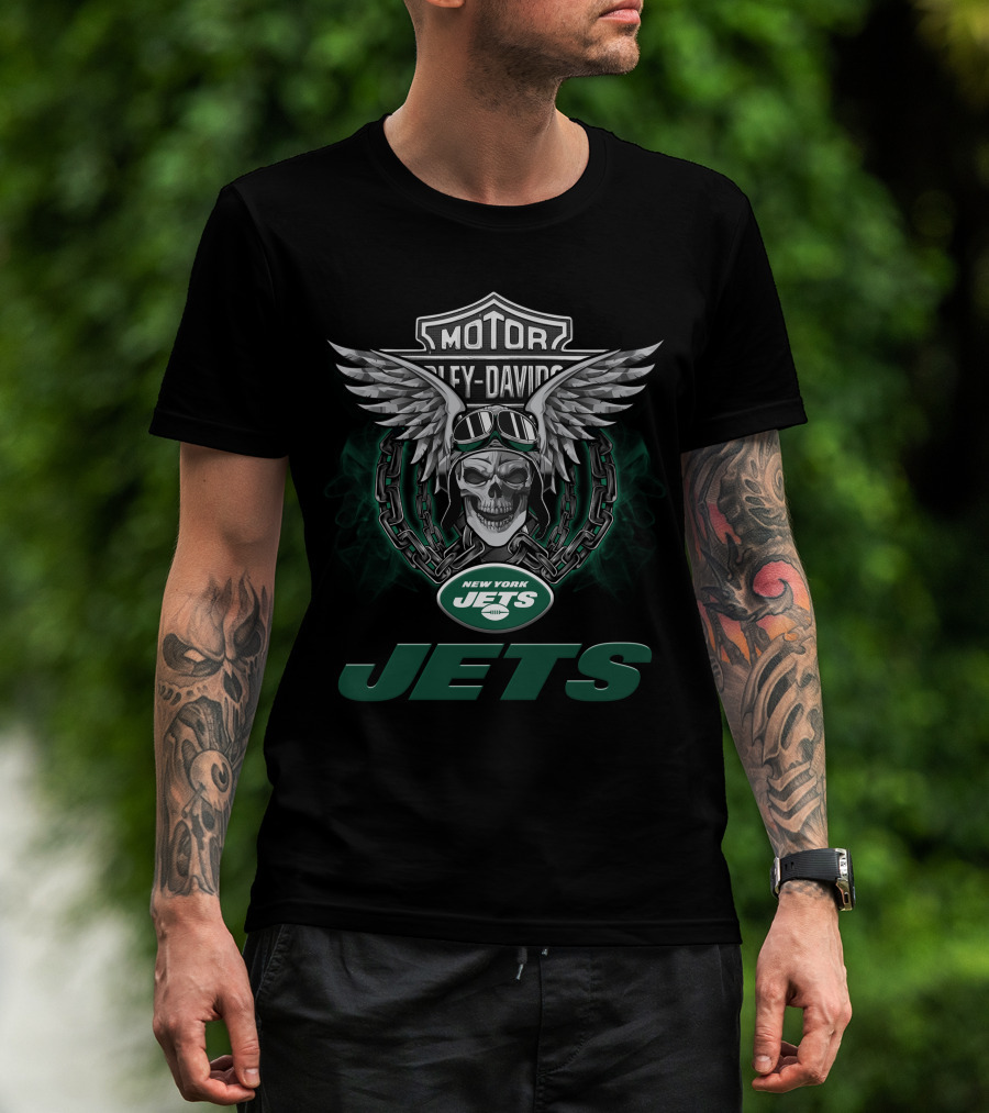 New York Jets Nfl Football Fans Harley Davidson Motor Wings Skull T-Shirt