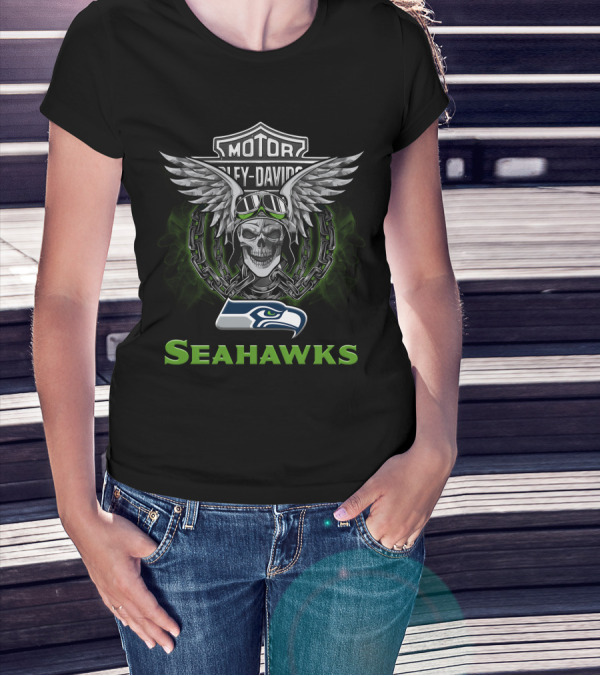 Seahawks Skull Wings Harley Davidson Nfl Football Fans T-Shirt