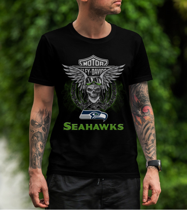 Seahawks Skull Wings Harley Davidson Nfl Football Fans T-Shirt