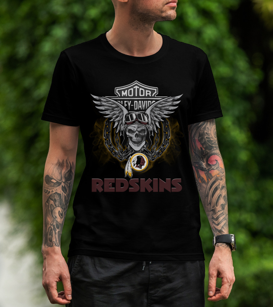 Motor Harley Davidson Style Redskins Skull With Wings For Nfl Football Fans T-Shirt