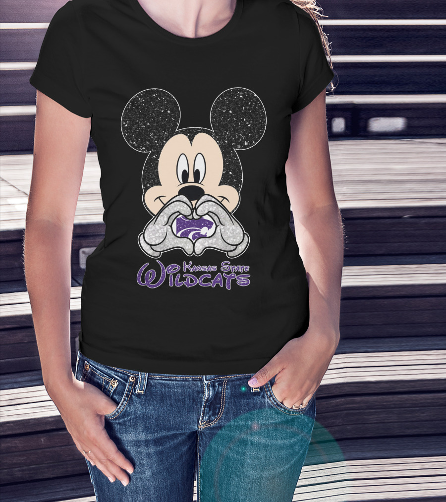 Mickey Love Kansas State Wildcats Glitter Heart T-Shirt