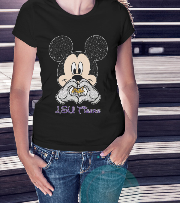 LSU Tigers Mickey Heart Glitter Fan T-Shirt