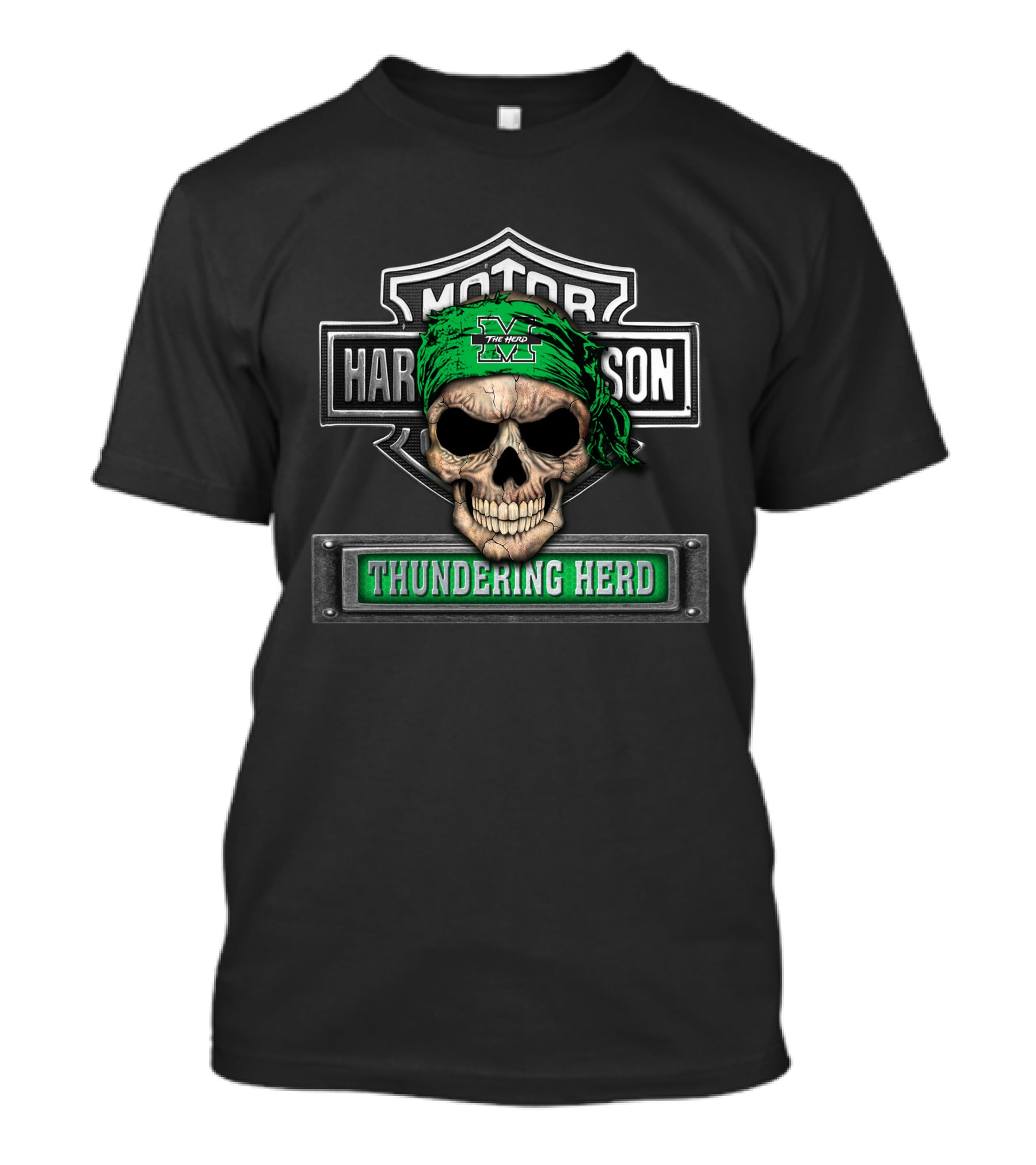 Marshall Thundering Herd Skull Harley Davidson Style Banner T-Shirt