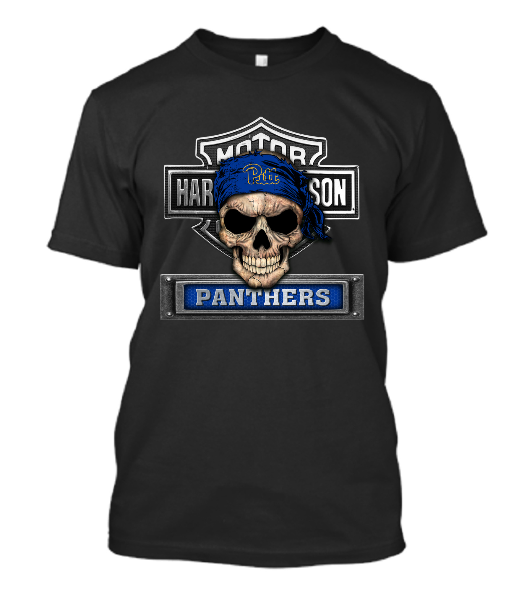 Pitt Panthers Skull Emblem On Harley Davidson Shield T-Shirt