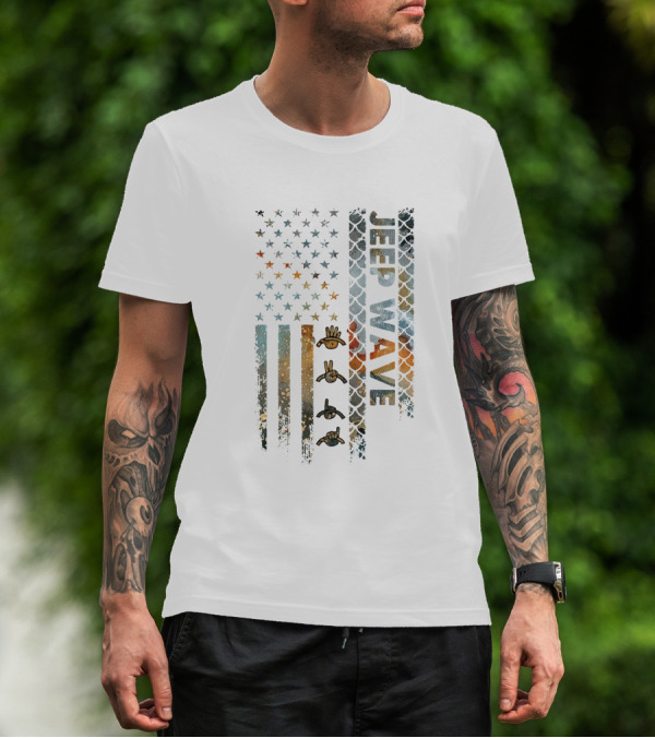 Jeep Wave American Flag Grunge Style With Hand Symbols T-Shirt