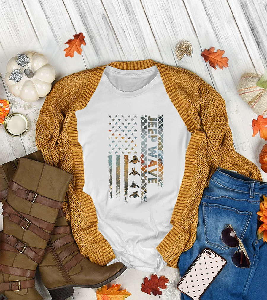 Jeep Wave American Flag Grunge Style with Hand Symbols T-Shirt