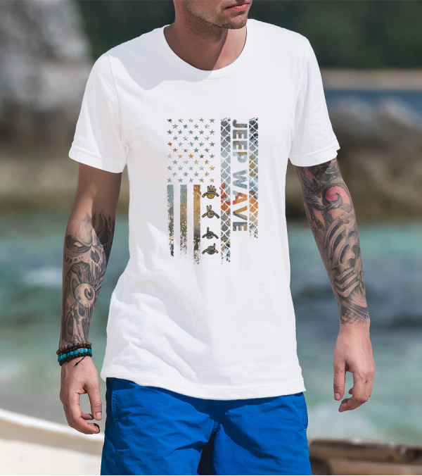 Jeep Wave American Flag Grunge Style With Hand Symbols T-Shirt